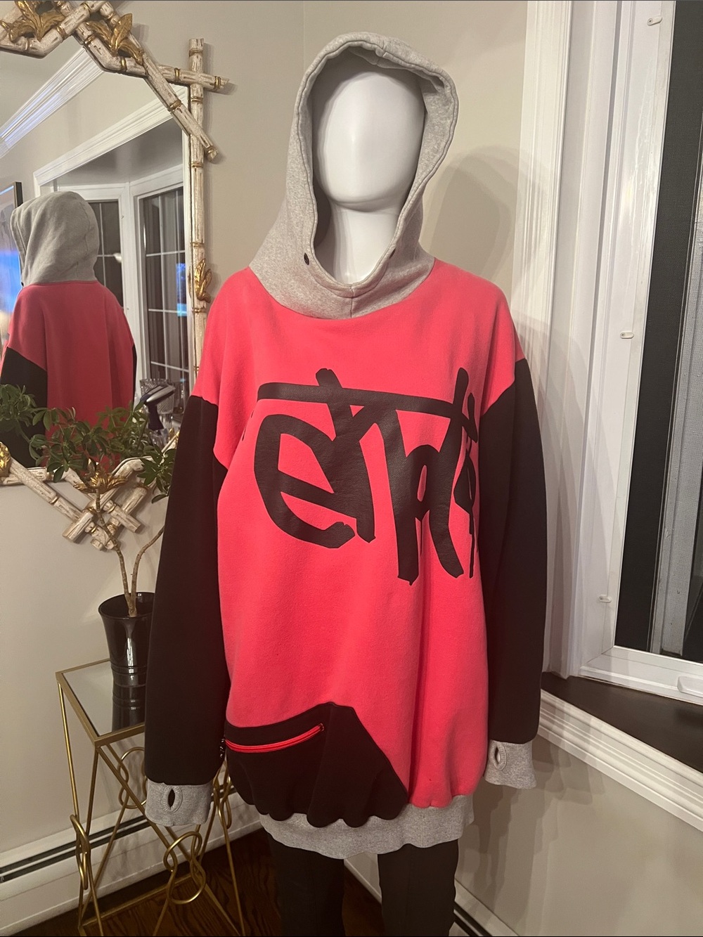 Men's Colorblock Crewneck Sweater Hoodie - Coral Pink & Black